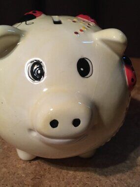 VINTAGE CERAMIC PIGGY BANK WITH LADYBUG DESIGN WITH STOPPER